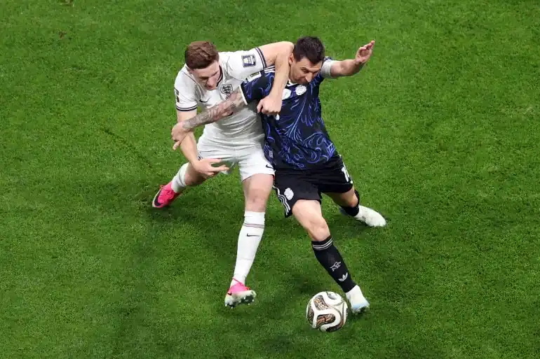 Argentina players celebrate after beating England at World Cup 2026