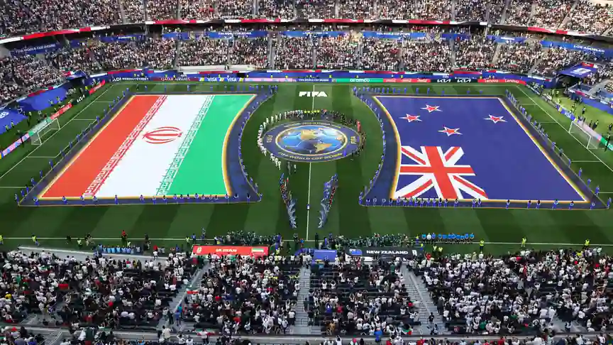 Elijah Just celebrates for New Zealand against Iran at the 2026 World Cup