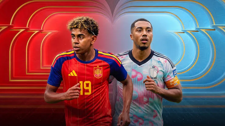 Spain VS Belgium with Spain building through midfield at SoFi Stadium