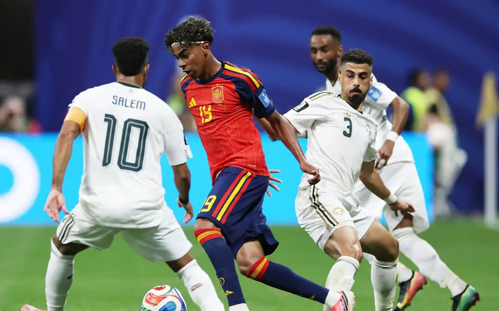 Lamine Yamal celebrates his second goal for Spain against Saudi Arabia at World Cup 2026